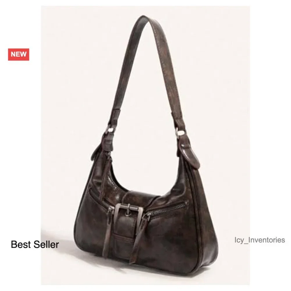 PU Leather Hobo Shoulder Bag with Buckle and Zipper Closure